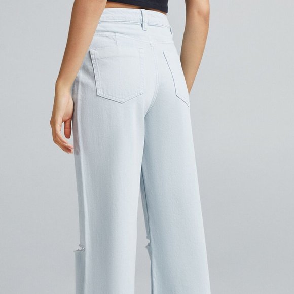 NWT BERSHKA Women Wide Leg Light Blue Jeans w Rips Waist 24" - Picture 6 of 12